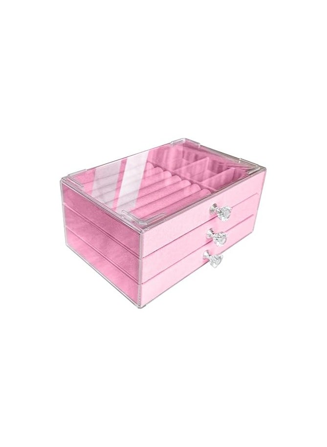 Generic Clear Acrylic Velvet Jewelry Organizer with 3 Drawers, Stackable Display Storage Earrings Necklace Rings Bracelets Box Holder Case for Women, Pink  - Image 1
