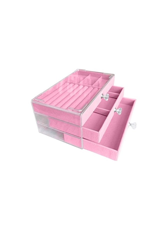 Generic Clear Acrylic Velvet Jewelry Organizer with 3 Drawers, Stackable Display Storage Earrings Necklace Rings Bracelets Box Holder Case for Women, Pink  - Image 2