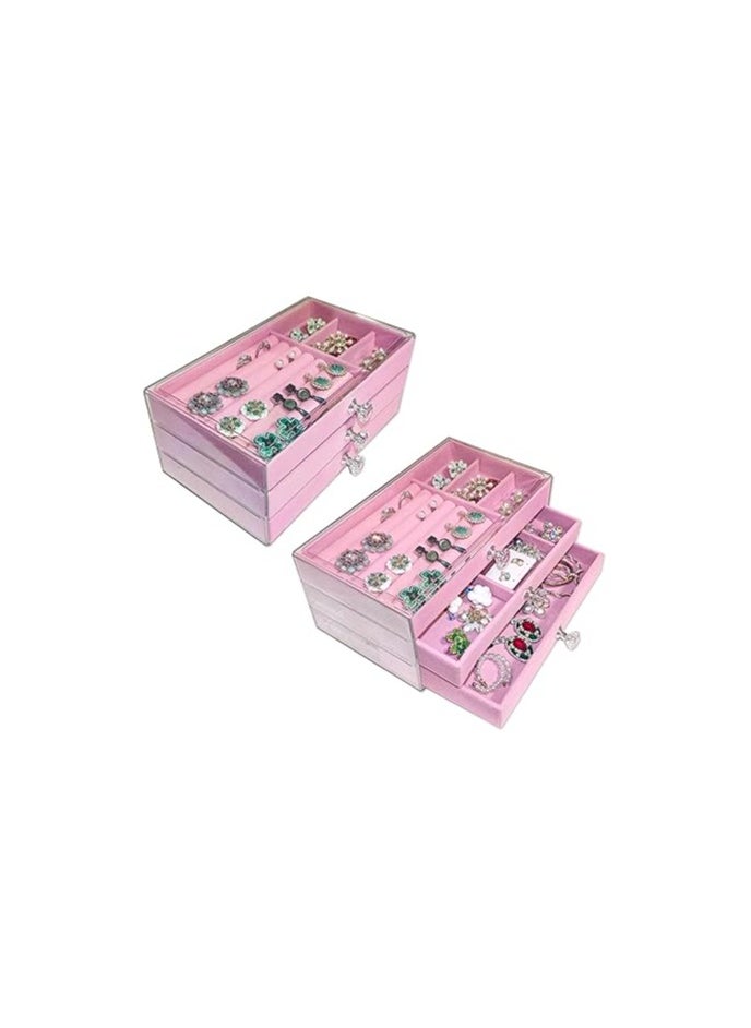 Generic Clear Acrylic Velvet Jewelry Organizer with 3 Drawers, Stackable Display Storage Earrings Necklace Rings Bracelets Box Holder Case for Women, Pink  - Image 3