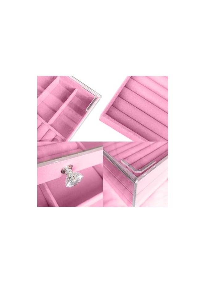 Generic Clear Acrylic Velvet Jewelry Organizer with 3 Drawers, Stackable Display Storage Earrings Necklace Rings Bracelets Box Holder Case for Women, Pink  - Image 5