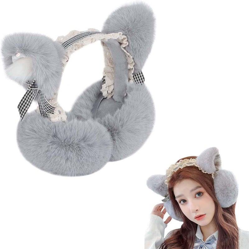 Luckam Stylish Winter Faux Fur Earmuffs, Thermal Fleece Ear Protection, Foldable Cat Ear Headband for Ladies, Cosplay & Outdoor Skiing, Windproof Grey Wrap - Image 1