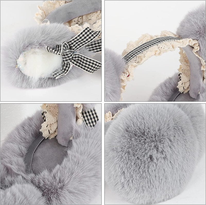 Luckam Stylish Winter Faux Fur Earmuffs, Thermal Fleece Ear Protection, Foldable Cat Ear Headband for Ladies, Cosplay & Outdoor Skiing, Windproof Grey Wrap - Image 5