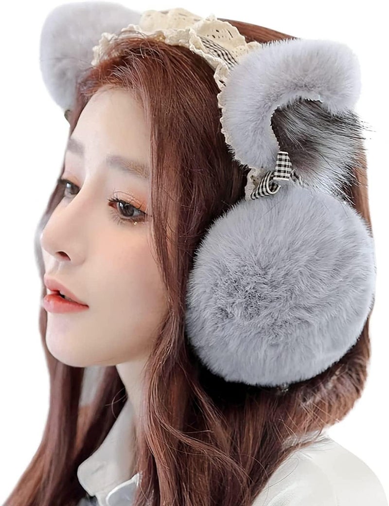 Luckam Stylish Winter Faux Fur Earmuffs, Thermal Fleece Ear Protection, Foldable Cat Ear Headband for Ladies, Cosplay & Outdoor Skiing, Windproof Grey Wrap - Image 2