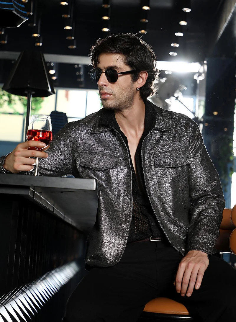 Campus Sutra Men's Charcoal Silver Gleam Utility-Jacquard Bomber Jacket