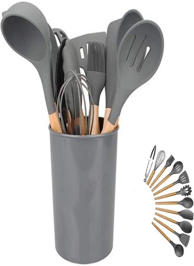 11- Piece Wooden Handle Non Stick Cookware Spoon Set Grey