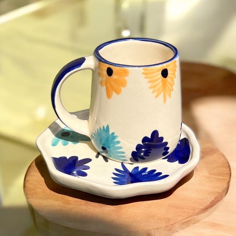 BACKKSPACE RETAIL Ceramic Handcrafted Cloud Mug & Saucer | Perfect Addition to Any Coffee Or Tea Lover's Collection | Microwave, Dishwasher and Food Safe | 200Ml (Blue Flower) - Image 1