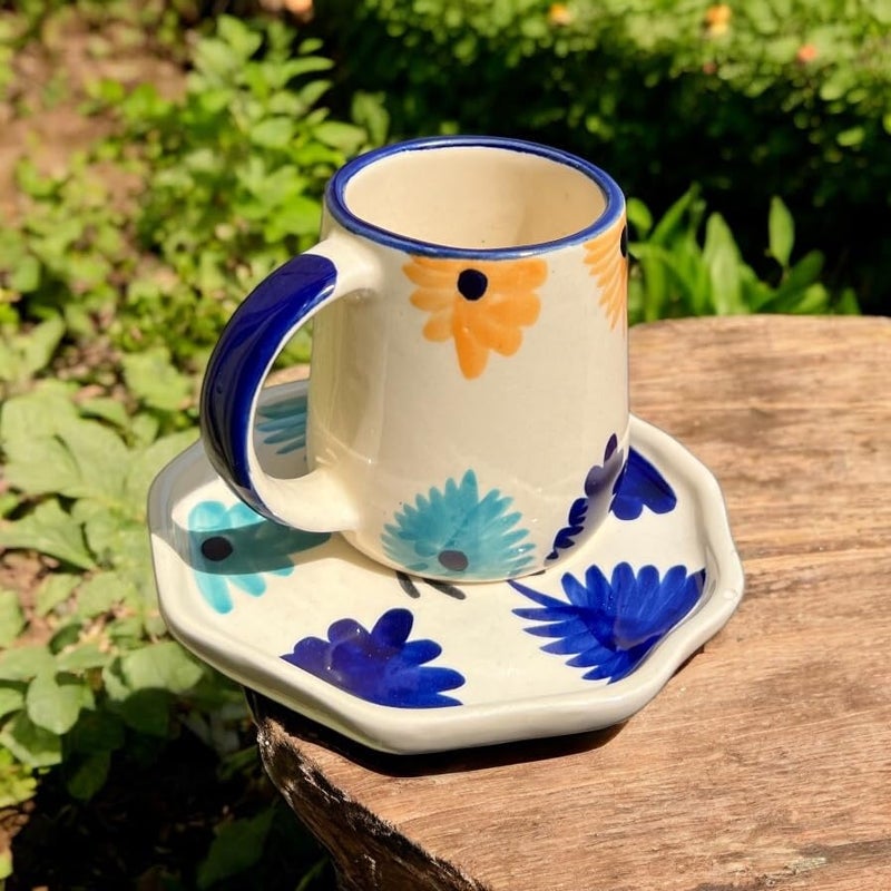 BACKKSPACE RETAIL Ceramic Handcrafted Cloud Mug & Saucer | Perfect Addition to Any Coffee Or Tea Lover's Collection | Microwave, Dishwasher and Food Safe | 200Ml (Blue Flower) - Image 5