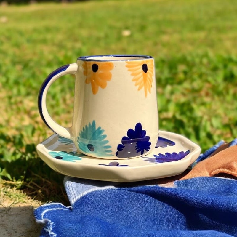 BACKKSPACE RETAIL Ceramic Handcrafted Cloud Mug & Saucer | Perfect Addition to Any Coffee Or Tea Lover's Collection | Microwave, Dishwasher and Food Safe | 200Ml (Blue Flower) - Image 2