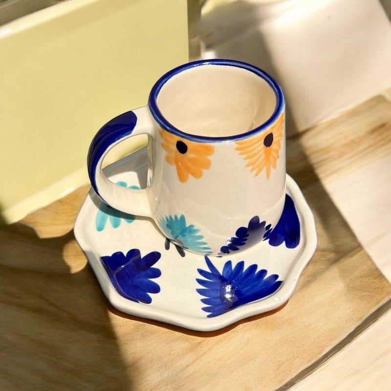 BACKKSPACE RETAIL Ceramic Handcrafted Cloud Mug & Saucer | Perfect Addition to Any Coffee Or Tea Lover's Collection | Microwave, Dishwasher and Food Safe | 200Ml (Blue Flower) - Image 3