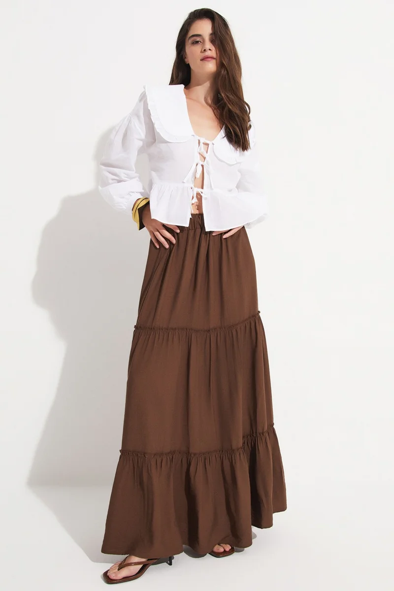 JUNE Exclusive Elastic Waist Viscose Blend Maxi Skirt