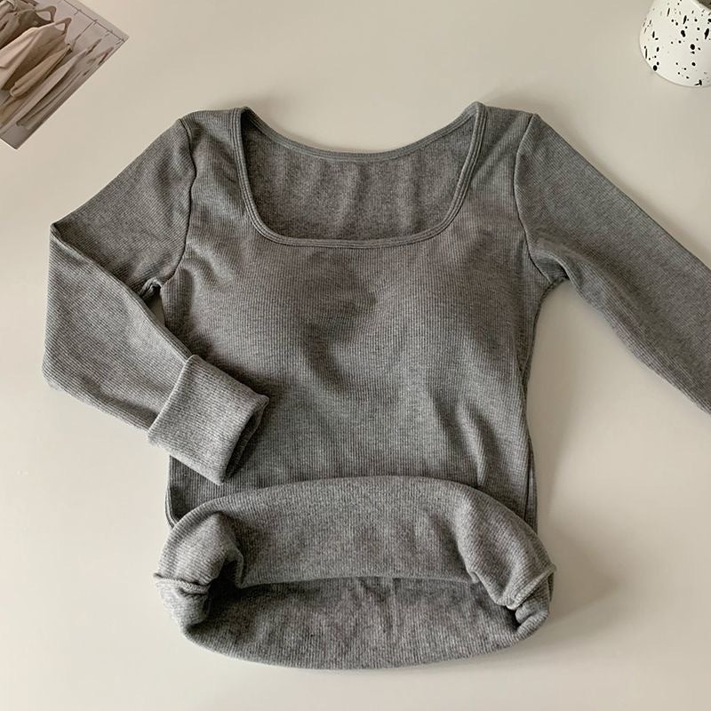 Autumn and Winter brushed long-sleeved T-shirt with chest pad thermal underwear shoulder thickened inner wear slim slimming square collar bottoming shirt Apricot