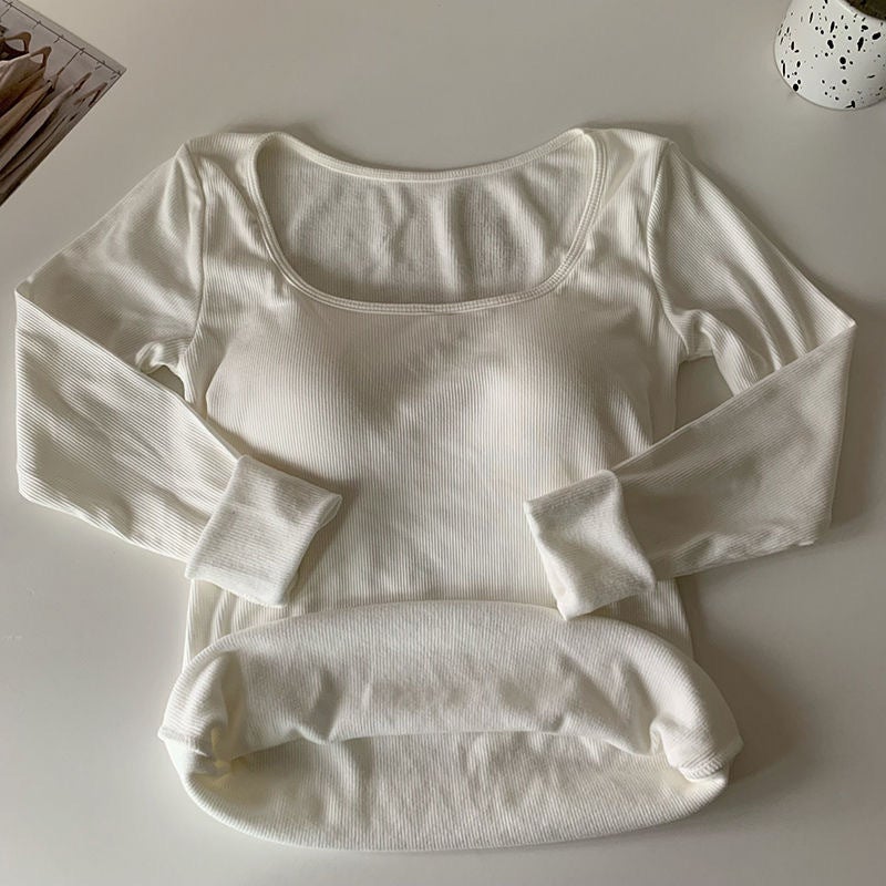 Autumn and Winter brushed long-sleeved T-shirt with chest pad thermal underwear shoulder thickened inner wear slim slimming square collar bottoming shirt Apricot