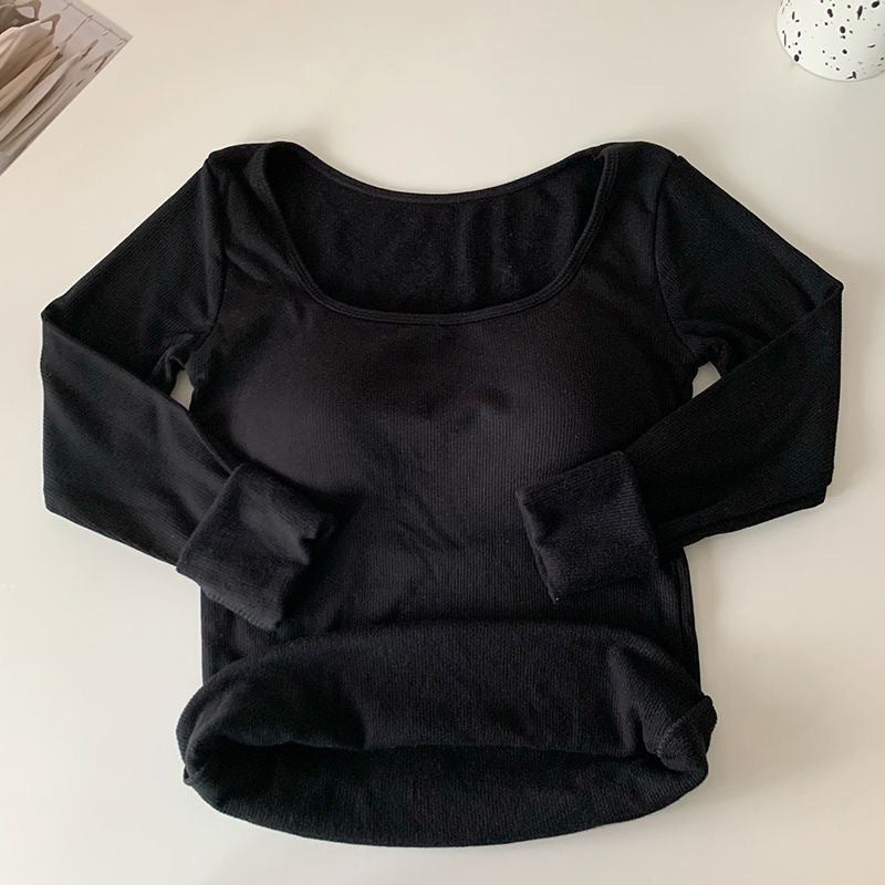 Autumn and Winter brushed long-sleeved T-shirt with chest pad thermal underwear shoulder thickened inner wear slim slimming square collar bottoming shirt Apricot