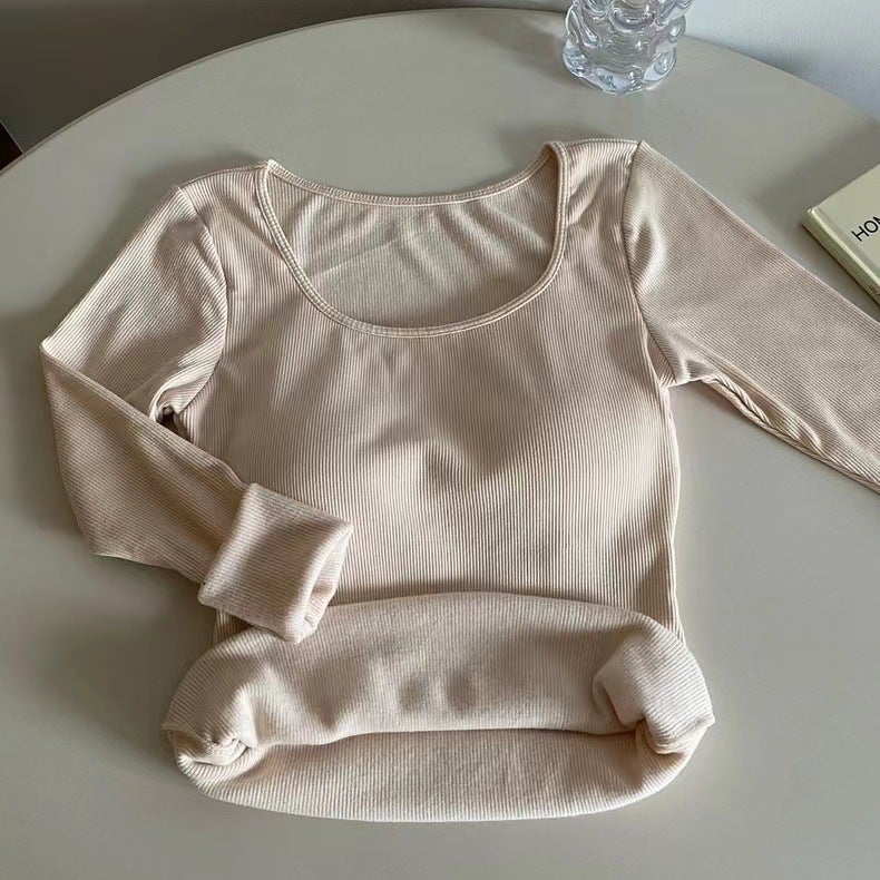 Autumn and Winter brushed long-sleeved T-shirt with chest pad thermal underwear shoulder thickened inner wear slim slimming square collar bottoming shirt Apricot