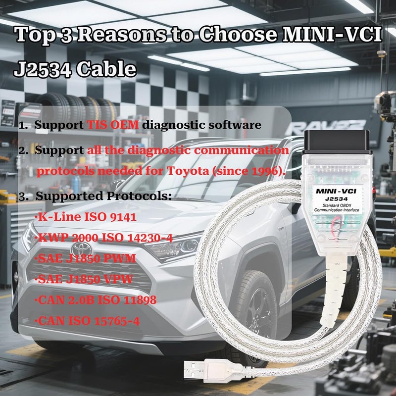 lydesor كابل Mini VCI J2534 لـ Toyota Techstream - الإصدار الأحدث V18.00.008، كابل تشخيص وإعادة برمجة من OBD2 إلى USB يناسب سيارات Toyota وLexus وScion، يعمل مع أنظمة Windows XP وWin7 وWin10 (32/64 بت) - Image 2