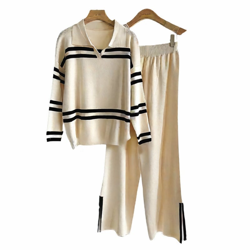 Casual Striped Lapel Knit Top Women Loungewear Knit Set - Image 5