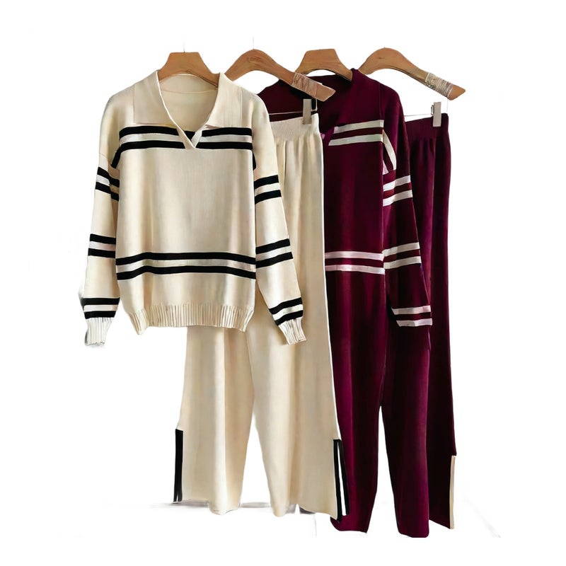 Casual Striped Lapel Knit Top Women Loungewear Knit Set - Image 1