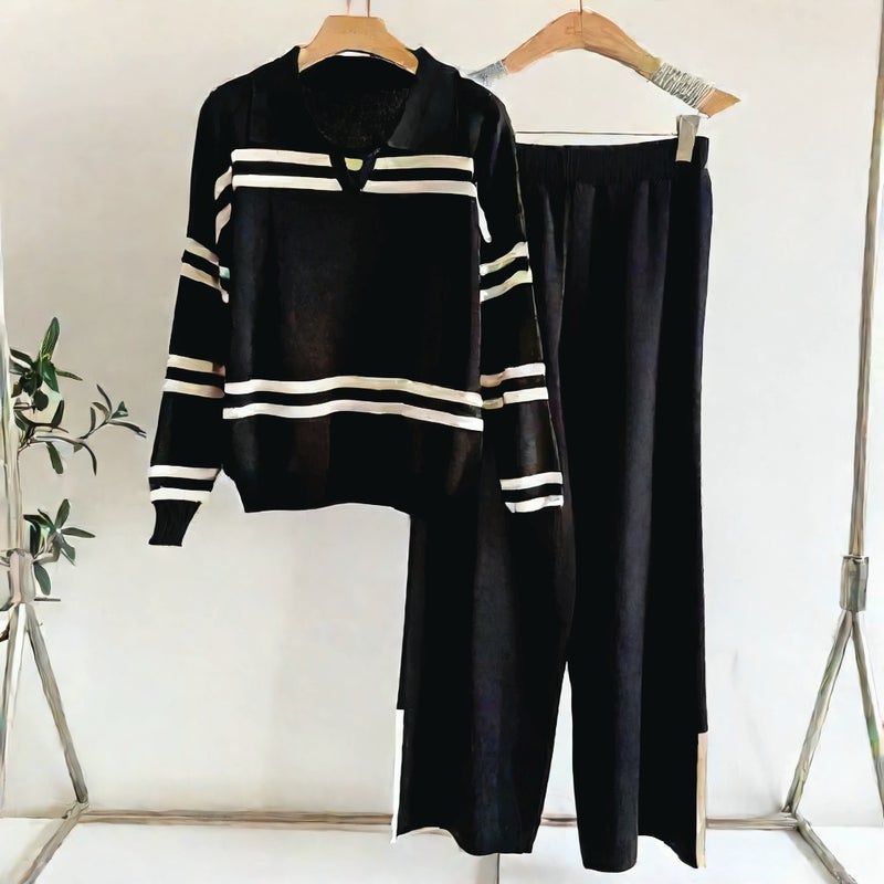 Casual Striped Lapel Knit Top Women Loungewear Knit Set - Image 4