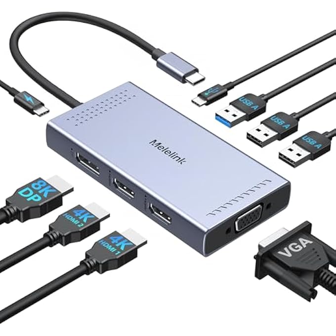 Melelink USB C DOCKING STATION 2 MONITOR DUAL HDMI, 9 IN 1 USB-C HUB TRIPLE DISPLAY ADAPTER WITH 2 X 4K HDMI, 8K DISPLAY PORT, VGA, 100W PD, 4 X USB A/C PORTS, DOCKING STATION LAPTOP 2 MONITORS FOR DELL HP - Image 1