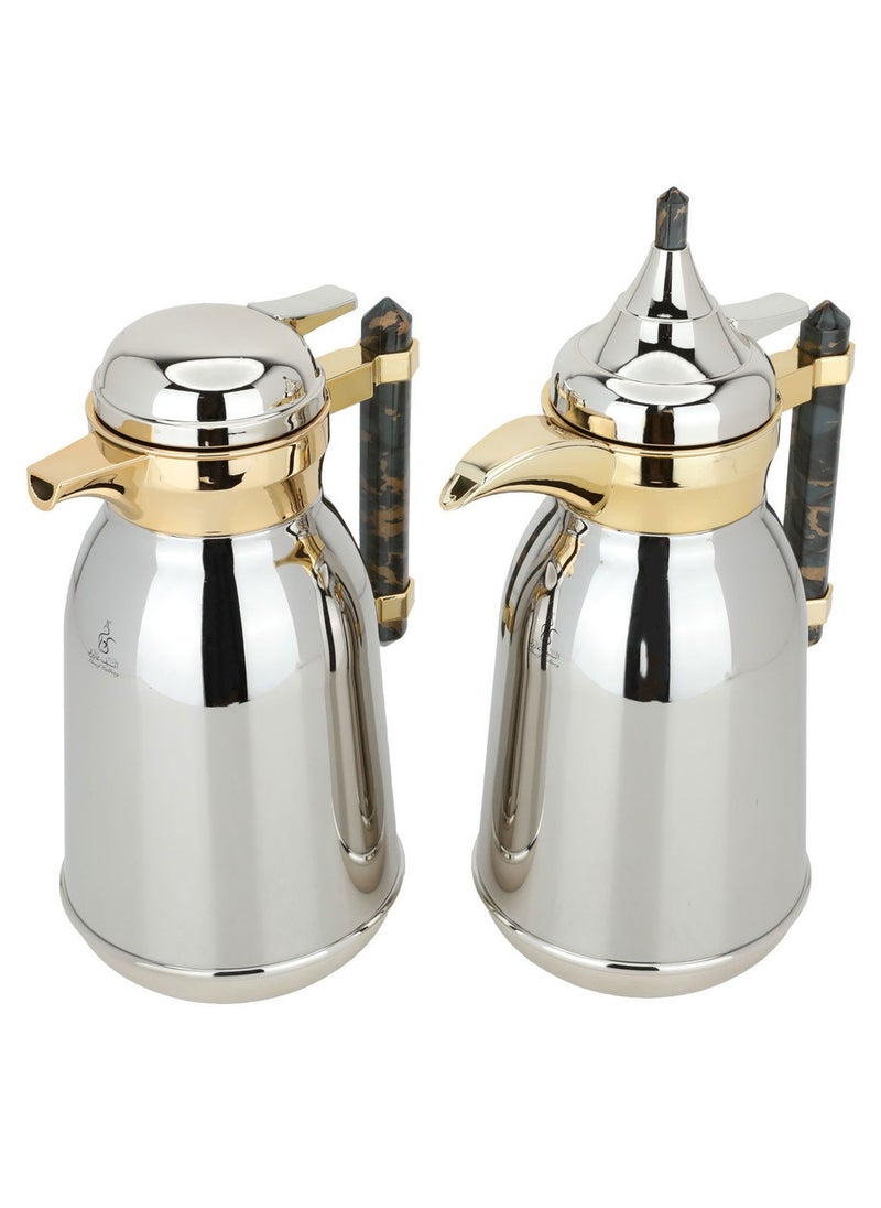 Alsaif Gallery Shahd Thermos Set, Silver Steel, Golden Mouth, Dark Grey Marble Handle, 2 Pieces  - Image 2