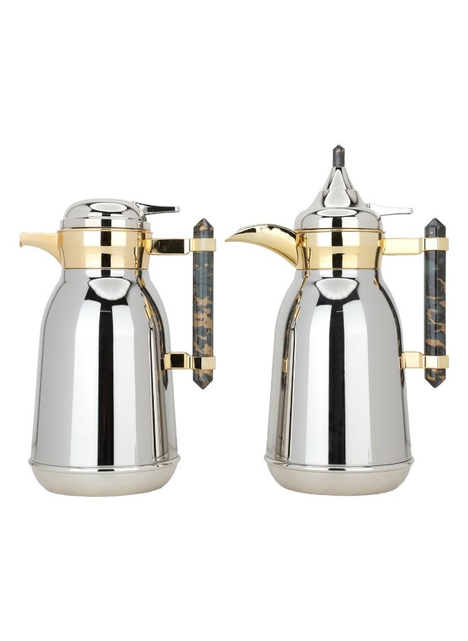 Alsaif Gallery Shahd Thermos Set, Silver Steel, Golden Mouth, Dark Grey Marble Handle, 2 Pieces  - Image 1