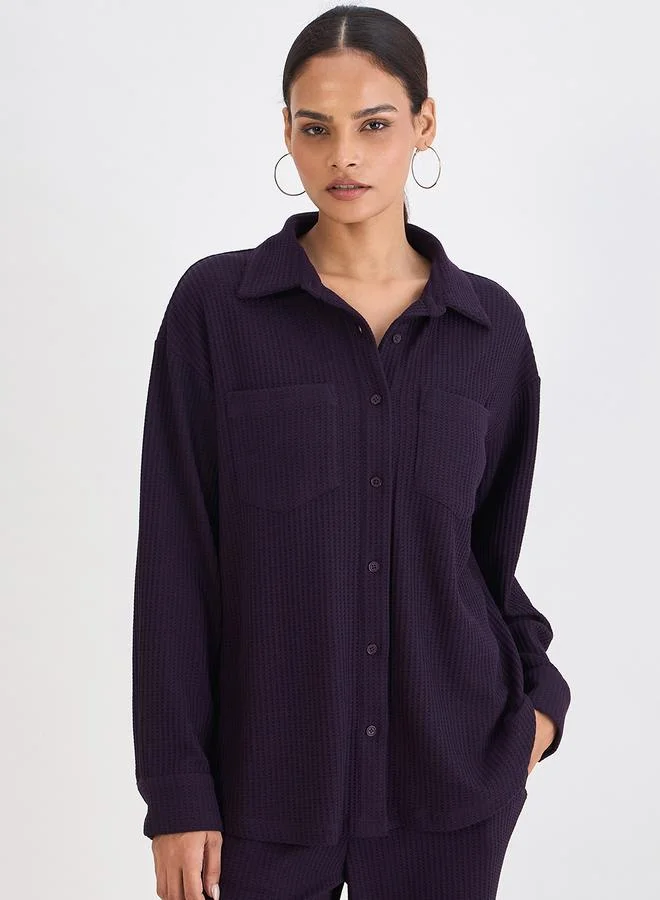 Femmella Women Deep Purple Waffle Knit Button Down Shirt
