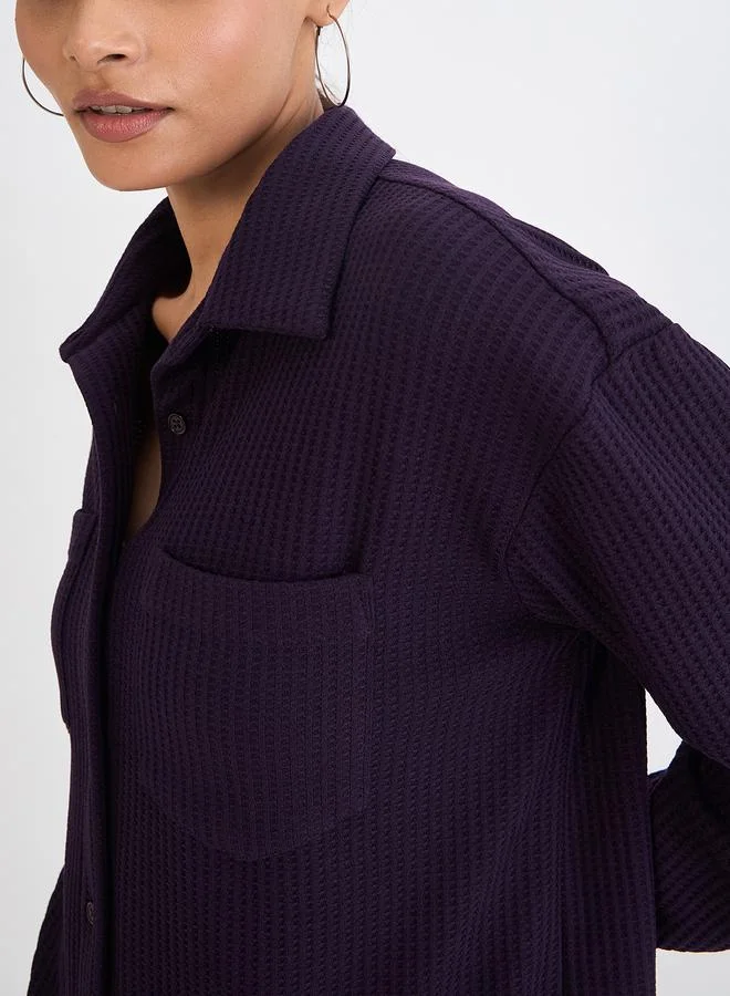 Femmella  Women Deep Purple Waffle Knit Button Down Shirt for Women | Best Price UAE