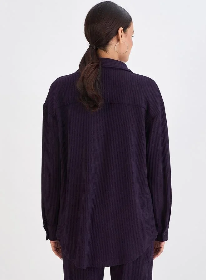 Femmella Women Deep Purple Waffle Knit Button Down Shirt