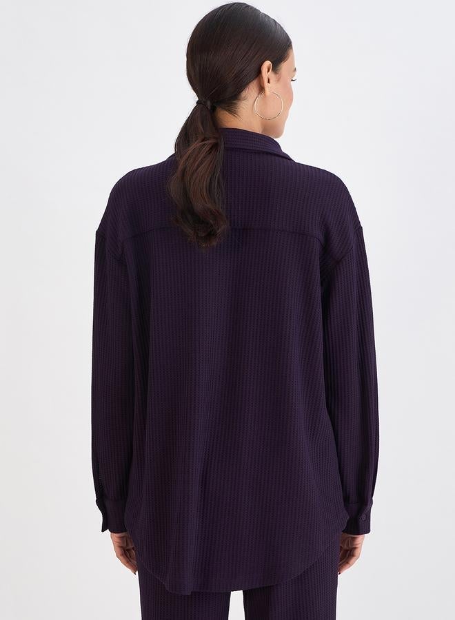 Femmella Women Deep Purple Waffle Knit Button Down Shirt - Image 2