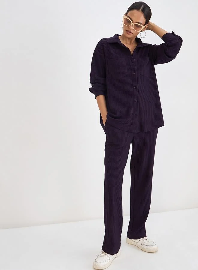 Femmella  Women Deep Purple Waffle Knit Button Down Shirt for Women | Best Price UAE