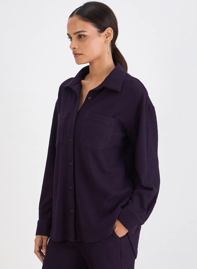 فيميلا قميص بأزرار محبوك بنمط وافل