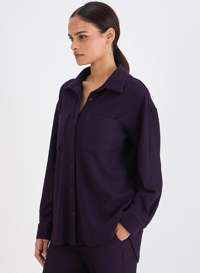 Femmella Women Deep Purple Waffle Knit Button Down Shirt - Image 1