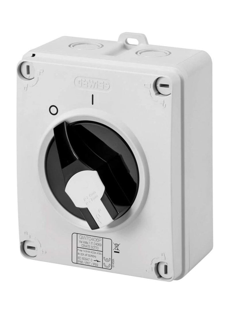 RACO Gewiss GW70415P Isolator - HP - Command - Isolating Metal Box - 40A 4P - Lockable Black Knob - IP66/67/69 - Image 1
