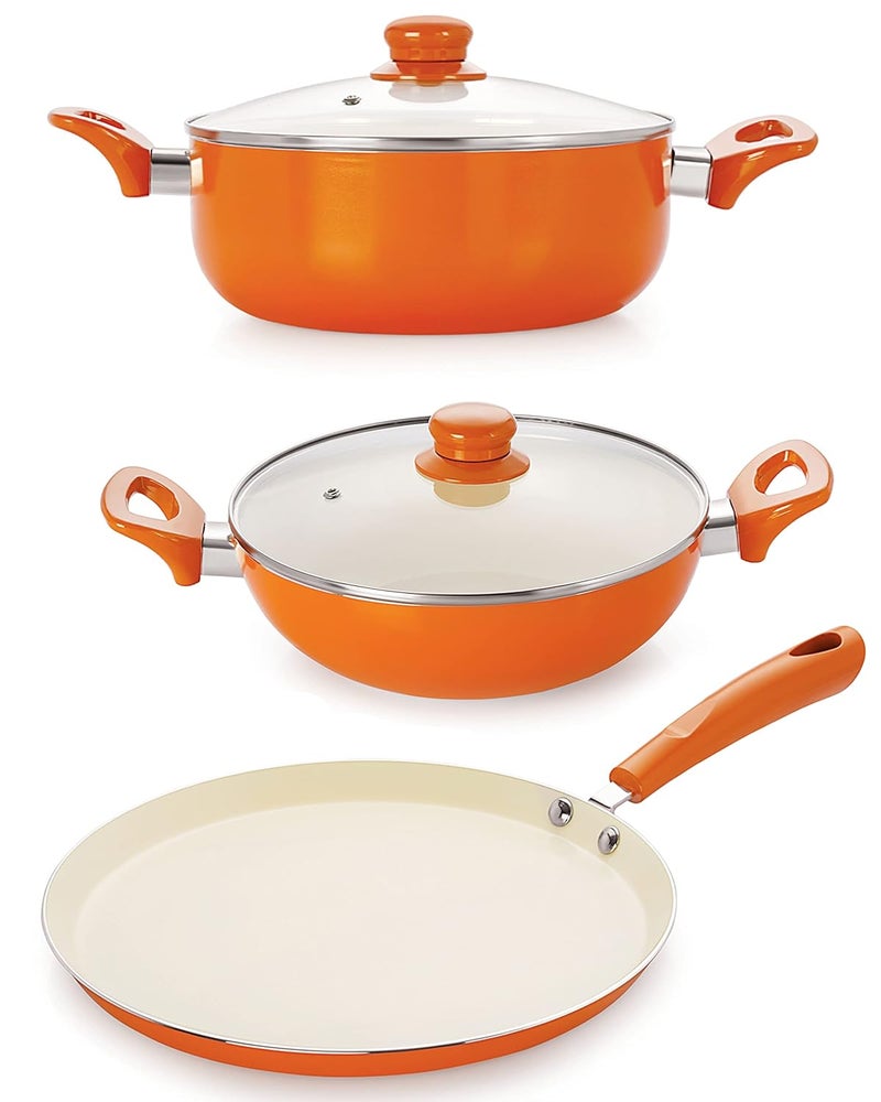 Nirlon NIRLON New 4 Layer Reinforced Ceramic Non-stick Scratch Resistant Coating Tawa, Casserole and Pots set with Induction base & Glass Lid, Metal Spoon Friendly Aluminum Cookware Pans & Pot combo Sets (Tawa, Kadhais, Casserole) Orange Colour  - Image 1