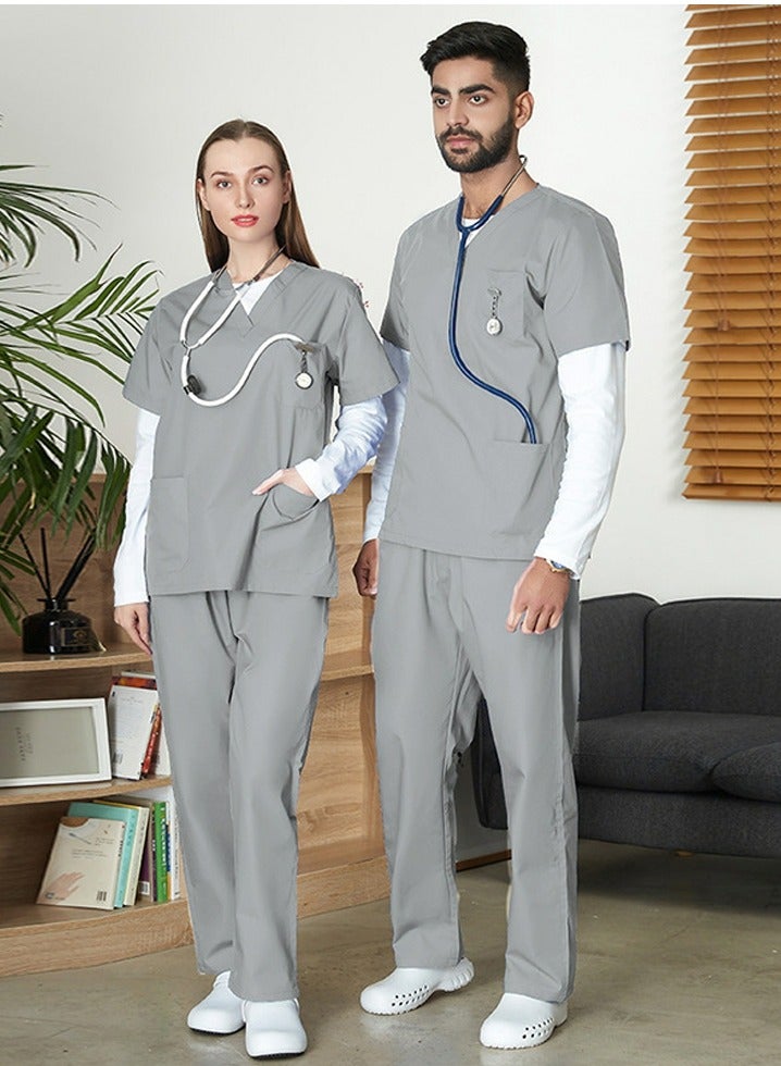 Loquat Unisex Loose Medical Uniform Scrubs 2 Piece Set V-Neck Top and Elastic Waist Pants Suit Grey - Image 2