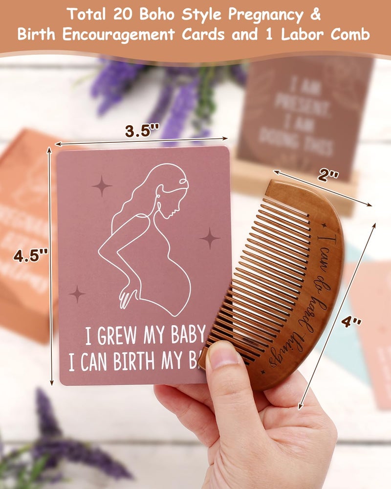 Levfla Pregnancy and Birth Affirmation Cards with Wooden Engraved Labor Comb Production Encouragement Positive Push New Mom Gifts for Women After Birth Boho Style Gender Reveal Neutral Present - Image 3