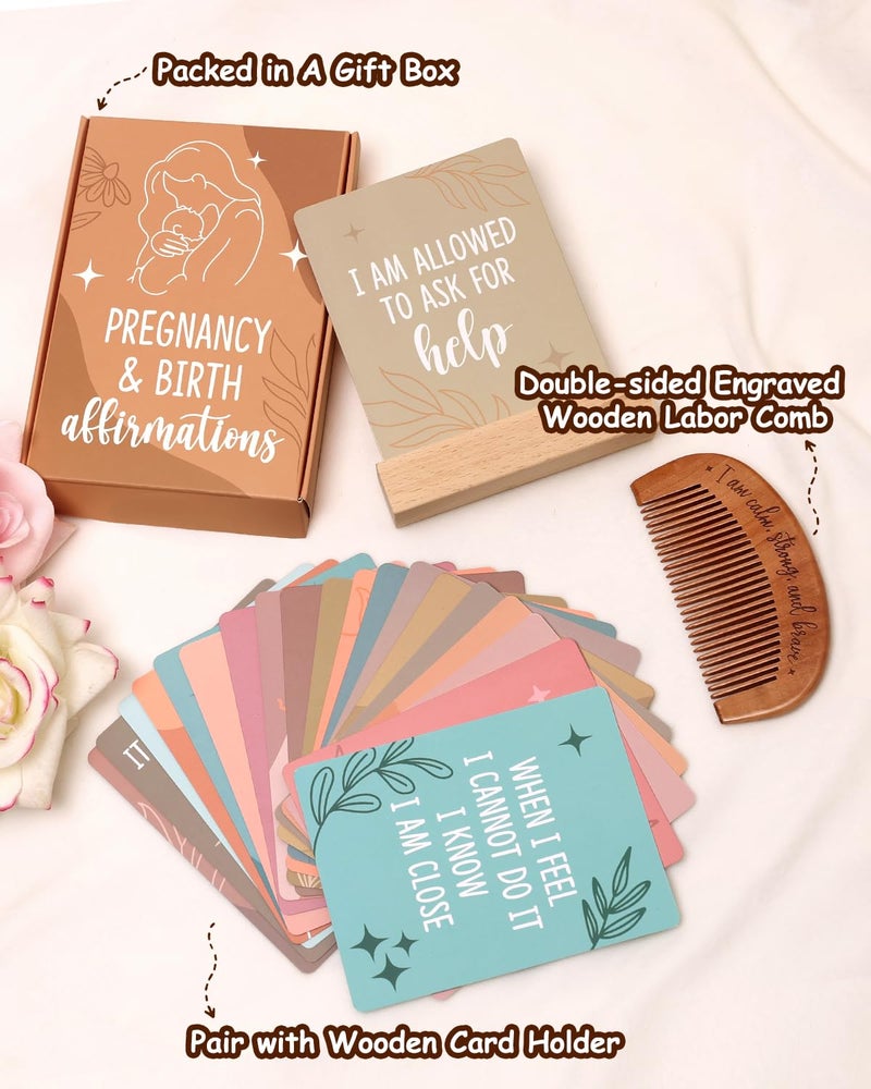 Levfla Pregnancy and Birth Affirmation Cards with Wooden Engraved Labor Comb Production Encouragement Positive Push New Mom Gifts for Women After Birth Boho Style Gender Reveal Neutral Present - Image 2