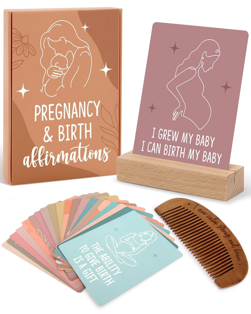 Levfla Pregnancy and Birth Affirmation Cards with Wooden Engraved Labor Comb Production Encouragement Positive Push New Mom Gifts for Women After Birth Boho Style Gender Reveal Neutral Present - Image 1