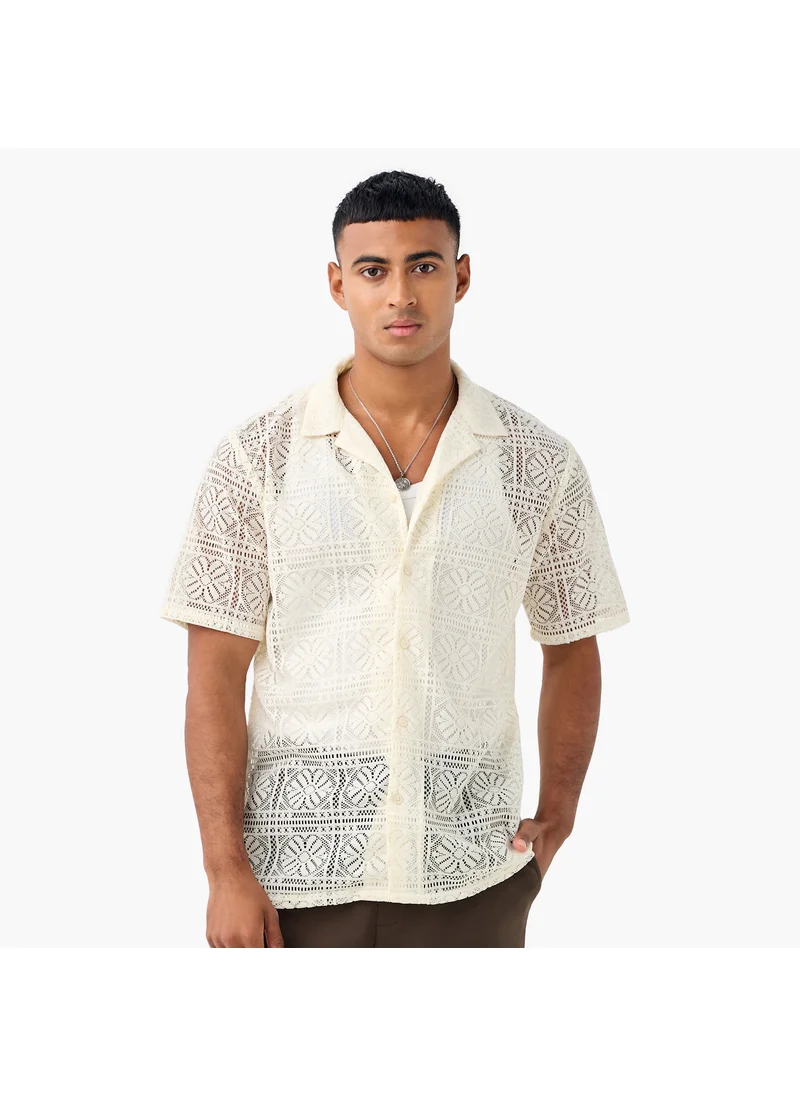 FAV Regular Fit Lace Textured Shirt with Camp Collar and Short Sleeves