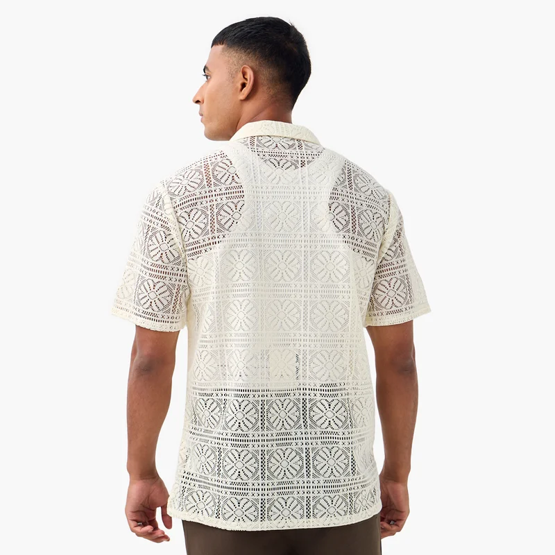 Splash FAV Regular Fit Lace Textured Shirt with Camp Collar and Short Sleeves