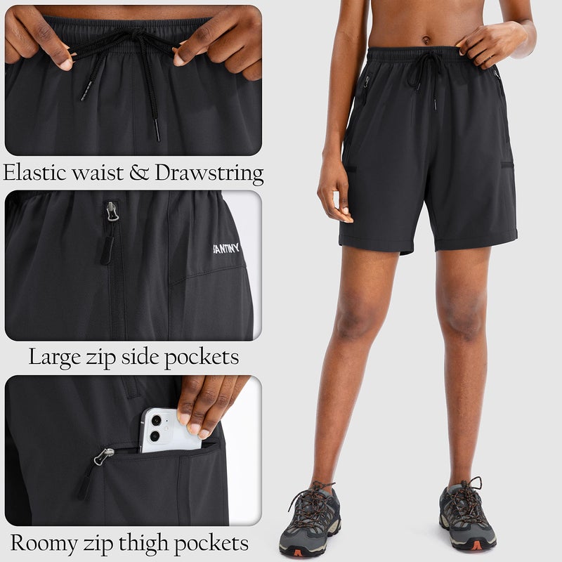 SANTINY Women's 5''/ 7''/9'' Hiking Cargo Shorts Quick Dry Lightweight Summer Shorts for Women Athletic Golf Zipper Pockets(Black_L) - Image 4