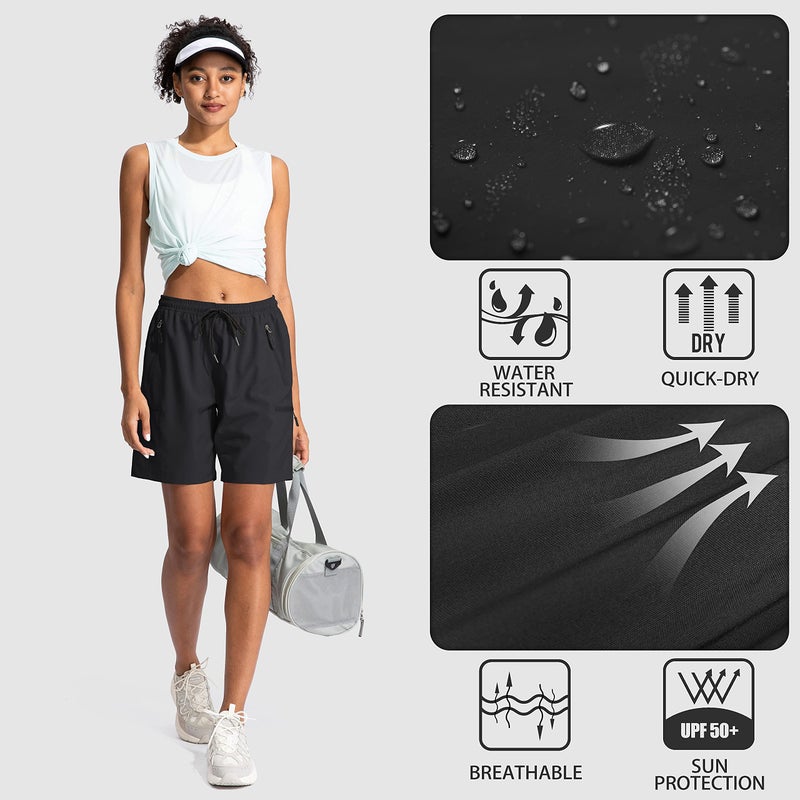 SANTINY Women's 5''/ 7''/9'' Hiking Cargo Shorts Quick Dry Lightweight Summer Shorts for Women Athletic Golf Zipper Pockets(Black_L) - Image 5