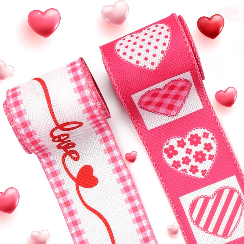 Threetols 2 Rolls 10 Yards Valentine's Day Wired Edge Ribbon, 2.5inch Pink Heart Love Burlap Ribbon, Pink White Buffalo Plaid Ribbon for Valentine DIY Craft Love Wreath Bow Wedding Party Decor - Image 1