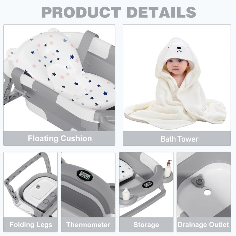 MoreFeel Collapsible Baby Bathtub for Newborn with Thermometer & 1 Hooded Towel & 1 Soft Floating Cushion,Portable Travel Bathtub with Drain Hole, Durable Foldable Baby Tubs for Infants to Toddler - Image 4