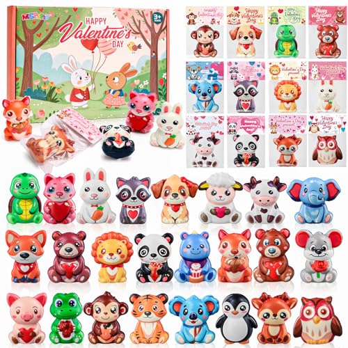 MGparty 24 Pack Valentines Day Gifts for Kids Classroom Cute Animal Mochi Squishies Toys with Valentine Cards Stress Relief Fidget Squeeze Toys for School Classroom Exchange Party Favors Goodie Bag Stuffers - Image 1