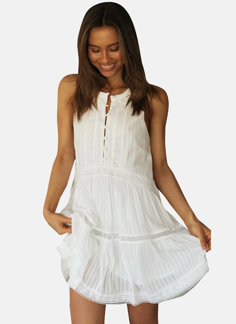 يونيكي White Shift Round Neck Solid Dress