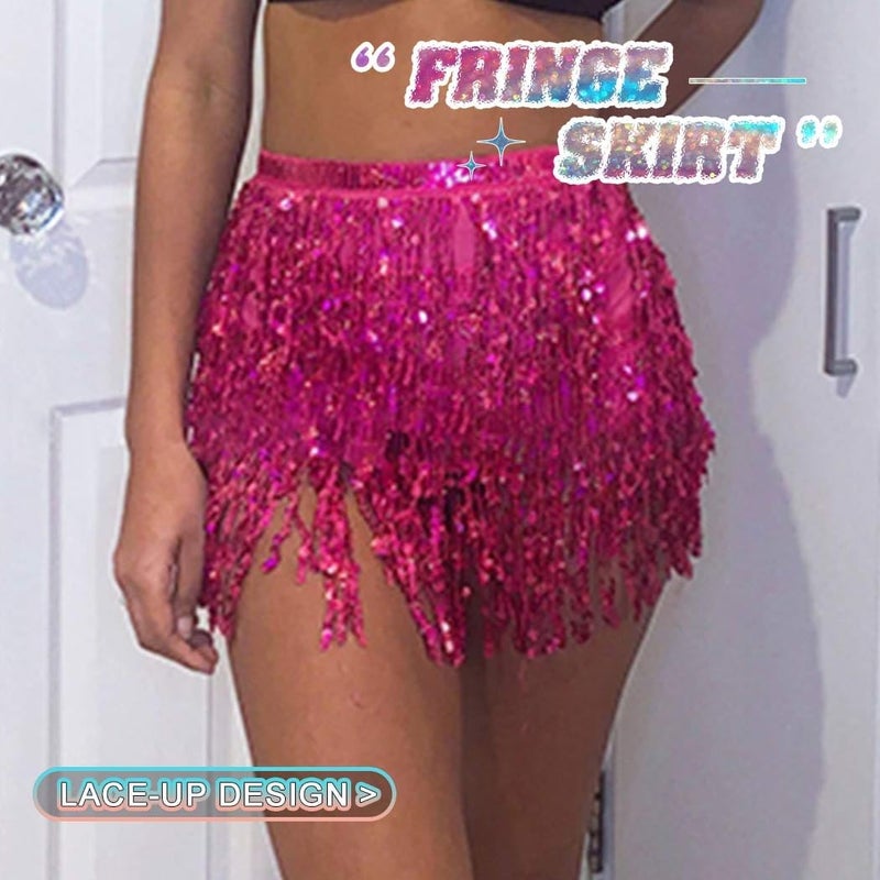REETAN Fringe Sequin Skirt Belly Dance Sparkly Rave Skirts for Women - Image 3