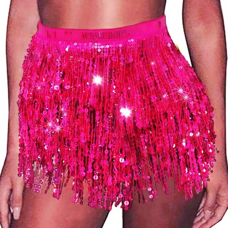 REETAN Fringe Sequin Skirt Belly Dance Sparkly Rave Skirts for Women - Image 1