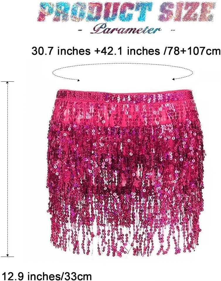 REETAN Fringe Sequin Skirt Belly Dance Sparkly Rave Skirts for Women - Image 2