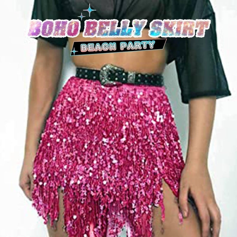 REETAN Fringe Sequin Skirt Belly Dance Sparkly Rave Skirts for Women - Image 5